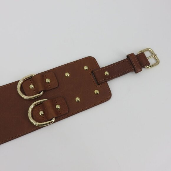 Y2K Juicy Couture Women Wide Brown Leather Gold D Ring Studded Corset Belt VTG main image 2